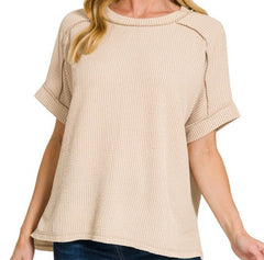 Raised Rib Cuff Sleeve Raw Edge Top