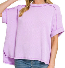 Raised Rib Cuff Sleeve Raw Edge Top