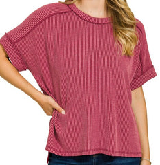 Raised Rib Cuff Sleeve Raw Edge Top