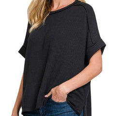Raised Rib Cuff Sleeve Raw Edge Top