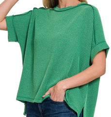 Raised Rib Cuff Sleeve Raw Edge Top