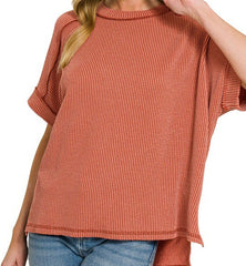 Raised Rib Cuff Sleeve Raw Edge Top