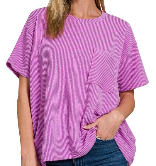 Raised Rib Short Sleeve Front Pocket Top