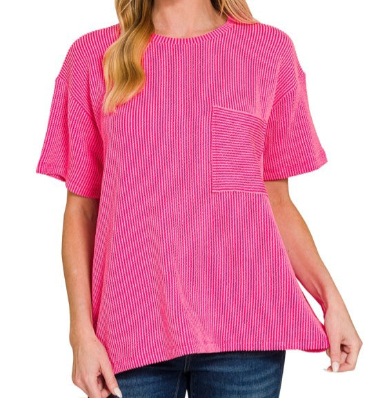 Raised Rib Short Sleeve Front Pocket Top