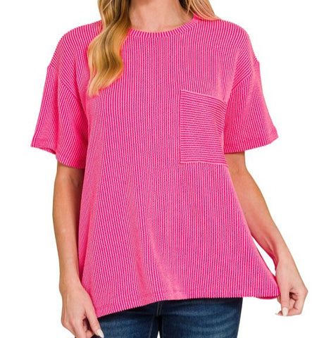Raised Rib Short Sleeve Front Pocket Top
