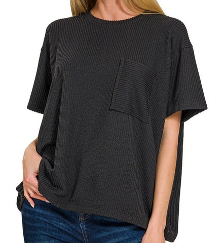Raised Rib Short Sleeve Front Pocket Top
