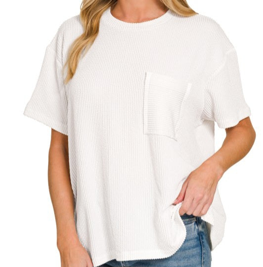 Raised Rib Short Sleeve Front Pocket Top