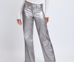 High-Rise Straight Leg Metallic Pants