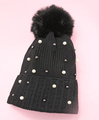 Sequin Faux Fur Pom Pom Beanie