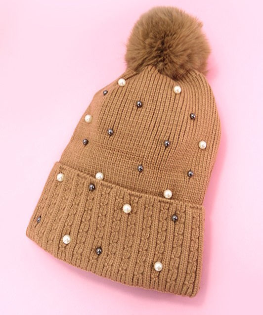 Sequin Faux Fur Pom Pom Beanie