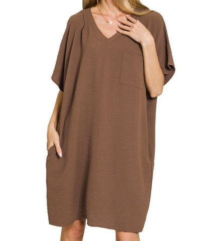 Solid V Neck T Shirt Dress With Pockets