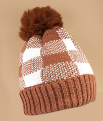 Checker Faux Fur Pom Pom Beanie