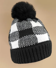 Checker Faux Fur Pom Pom Beanie