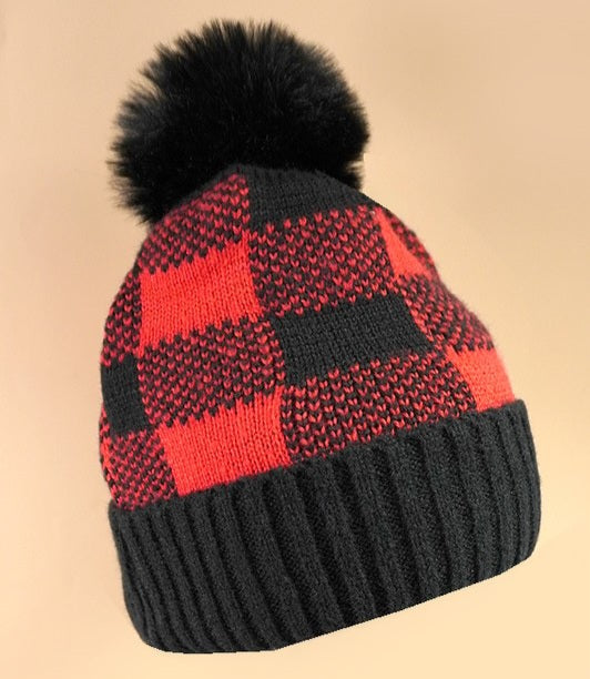 Checker Faux Fur Pom Pom Beanie