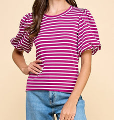 Stripe Top With Balloon Sleeves