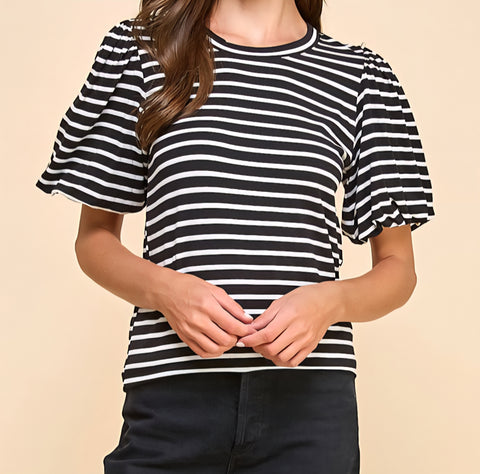 Stripe Top With Balloon Sleeves
