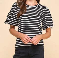 Stripe Top With Balloon Sleeves