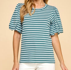 Stripe Top With Balloon Sleeves