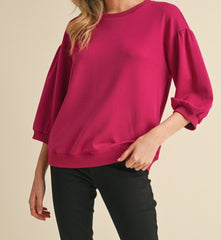 Solid 3/4 Peasant Sleeve Sweatshirt Top