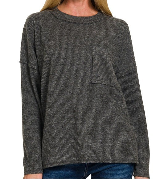 Ribbed Sweater Pocket Top