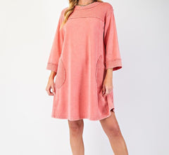 3/4 Sleeve Mineral Washed Dress With Front Pockets