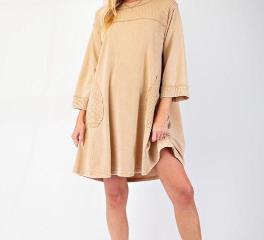 3/4 Sleeve Mineral Washed Dress With Front Pockets