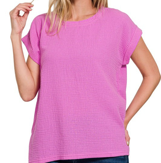 Double Gauze Round Neck Short Sleeve Top