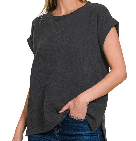 Double Gauze Round Neck Short Sleeve Top