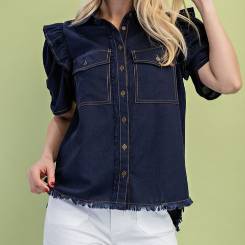 Linen Button Up Top With Ruffled Sleeves