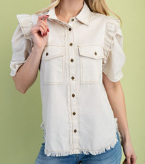 Linen Button Up Top With Ruffled Sleeves