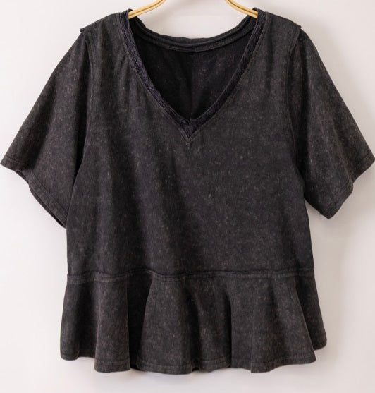 Lace Trim Detail Mineral Washed V-Veck Knit Top