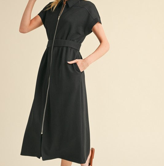 Front Zip Up Midi Dress