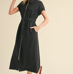 Front Zip Up Midi Dress