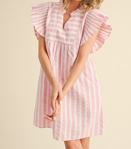 Stripes Cotton Ruffly Dress With Pockets