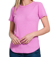 Solid Ribbed Round Neck Tee