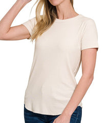 Solid Ribbed Round Neck Tee