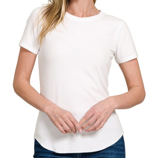 Solid Ribbed Round Neck Tee