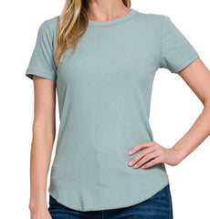 Solid Ribbed Round Neck Tee