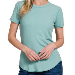 Solid Ribbed Round Neck Tee