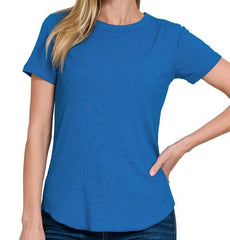 Solid Ribbed Round Neck Tee