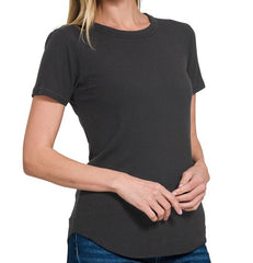 Solid Ribbed Round Neck Tee