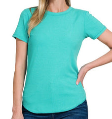 Solid Ribbed Round Neck Tee