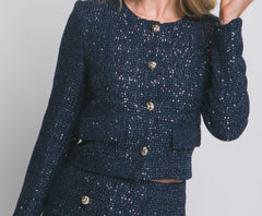 Round Neck Sequin Tweed Jacket