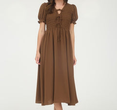 Front Tie Smocked Puff Sleeve Midi Dress