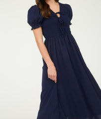 Front Tie Smocked Puff Sleeve Midi Dress