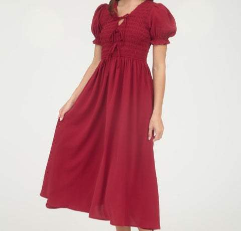 Front Tie Smocked Puff Sleeve Midi Dress