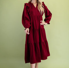 Tiered Long Sleeve Midi Dress With Pleated Front/Scalloped Ruffle