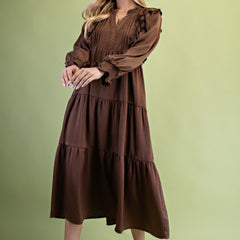 Tiered Long Sleeve Midi Dress With Pleated Front/Scalloped Ruffle