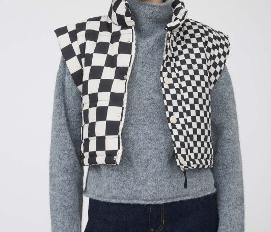 Checkered Cropped Zip-Up Puffer Vest