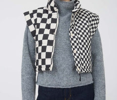 Checkered Cropped Zip-Up Puffer Vest